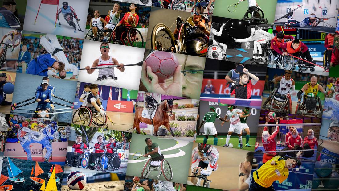 A colorful collage of Paralympic sports showing athletes competing in a wide range of events